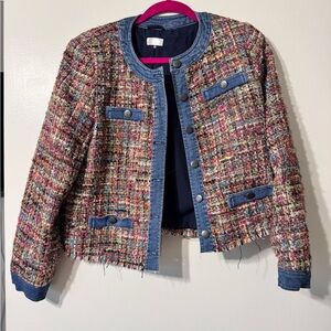 Ecru button up jacket, with multi colored stitching